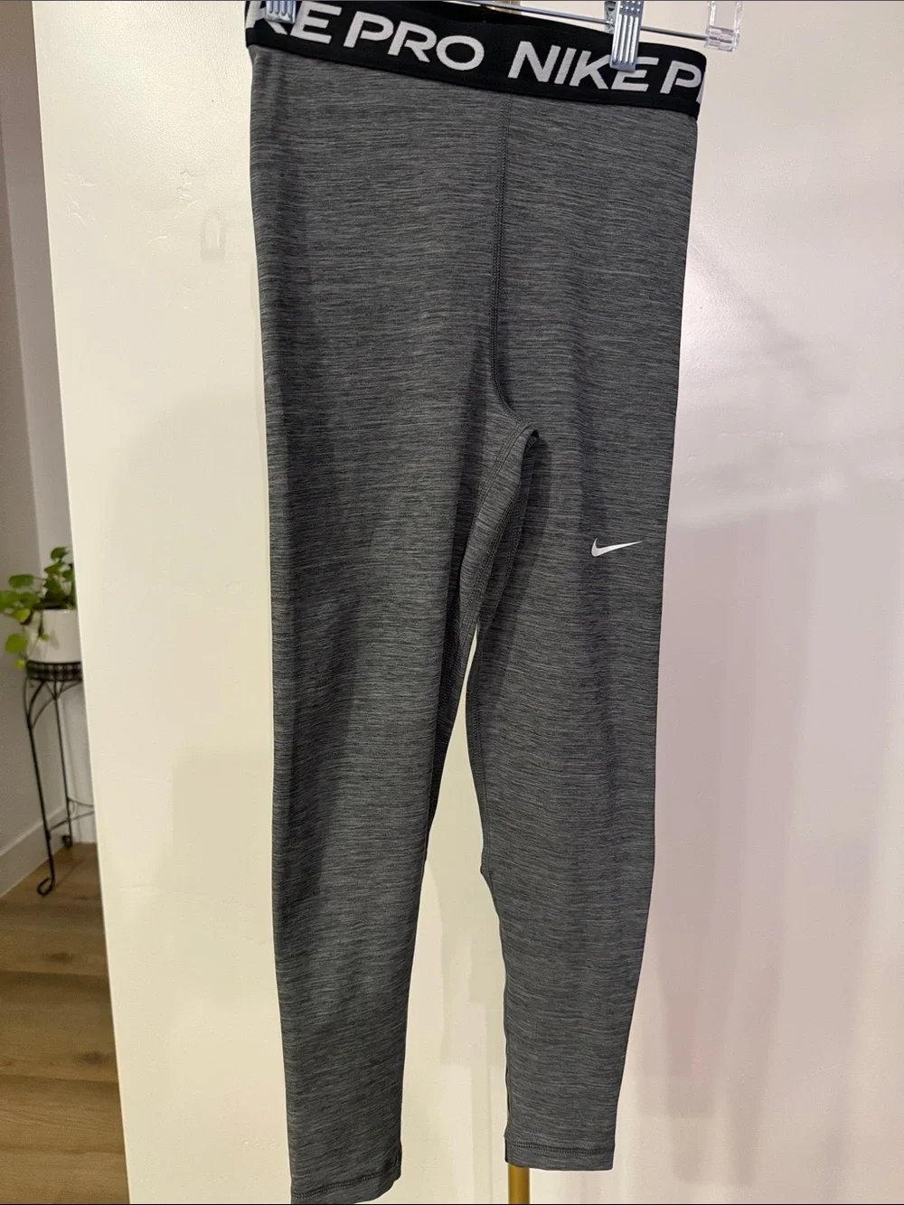 357. Nike Gray Heather Pro Dri-FIT Leggings with White Swoosh